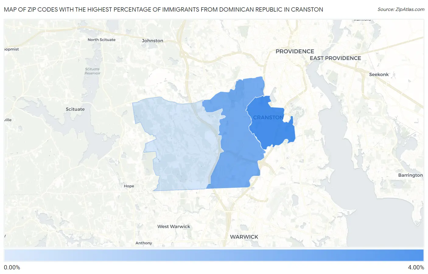 Zip Codes with the Highest Percentage of Immigrants from Dominican Republic in Cranston Map