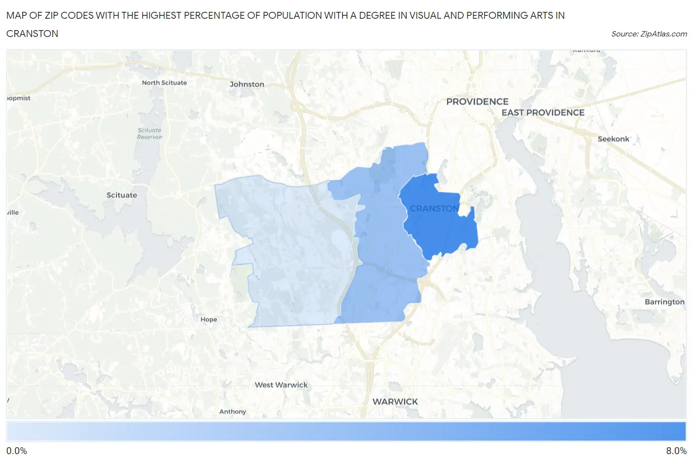 Zip Codes with the Highest Percentage of Population with a Degree in Visual and Performing Arts in Cranston Map