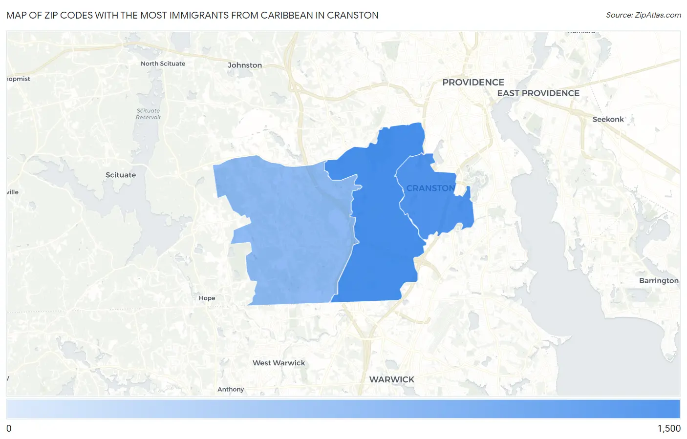 Zip Codes with the Most Immigrants from Caribbean in Cranston Map