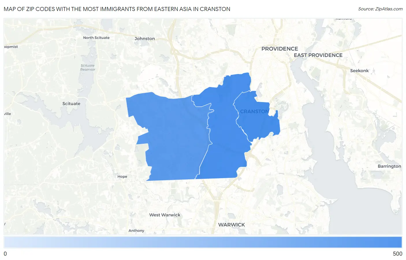 Zip Codes with the Most Immigrants from Eastern Asia in Cranston Map
