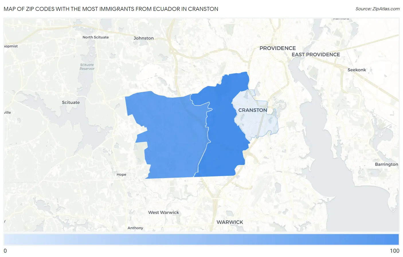 Zip Codes with the Most Immigrants from Ecuador in Cranston Map