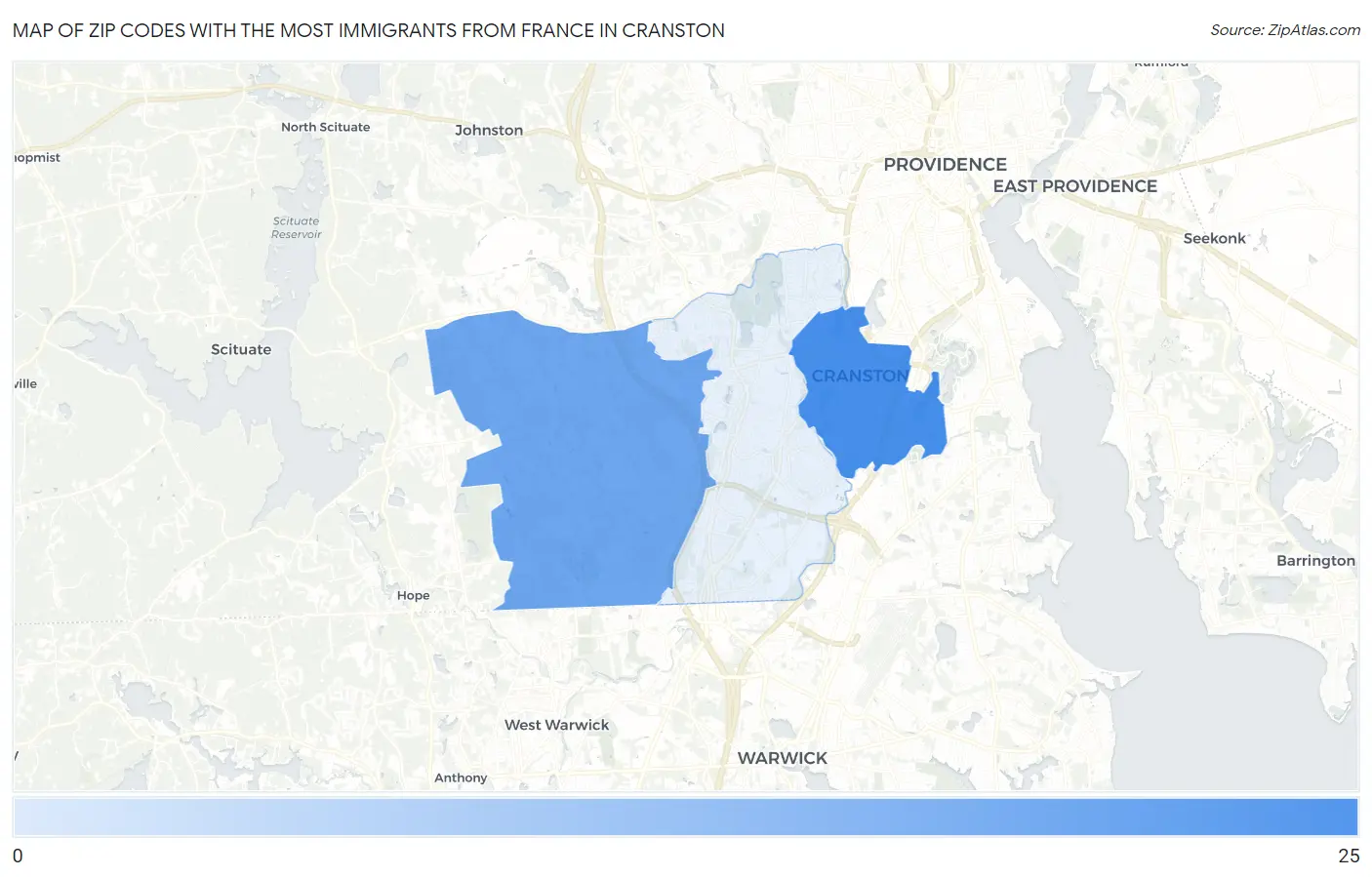Zip Codes with the Most Immigrants from France in Cranston Map