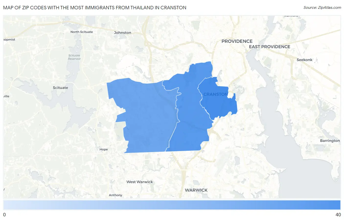 Zip Codes with the Most Immigrants from Thailand in Cranston Map