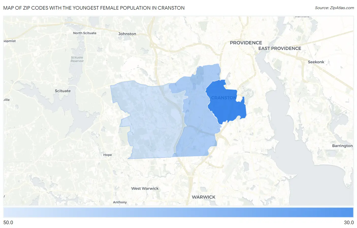 Zip Codes with the Youngest Female Population in Cranston Map