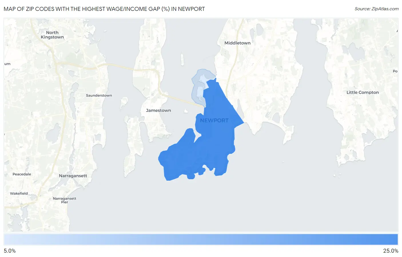Zip Codes with the Highest Wage/Income Gap (%) in Newport Map
