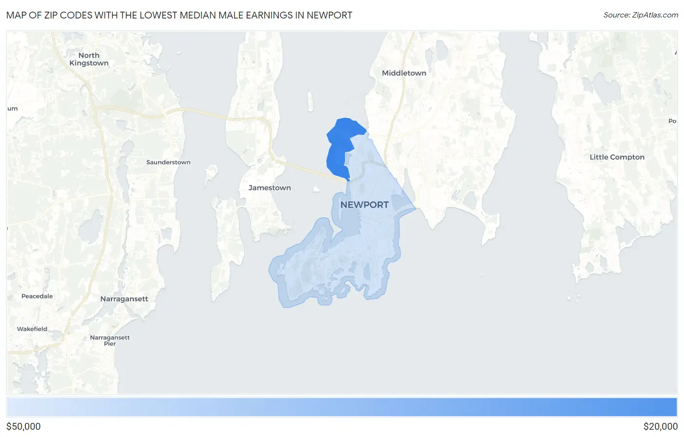 Zip Codes with the Lowest Median Male Earnings in Newport Map