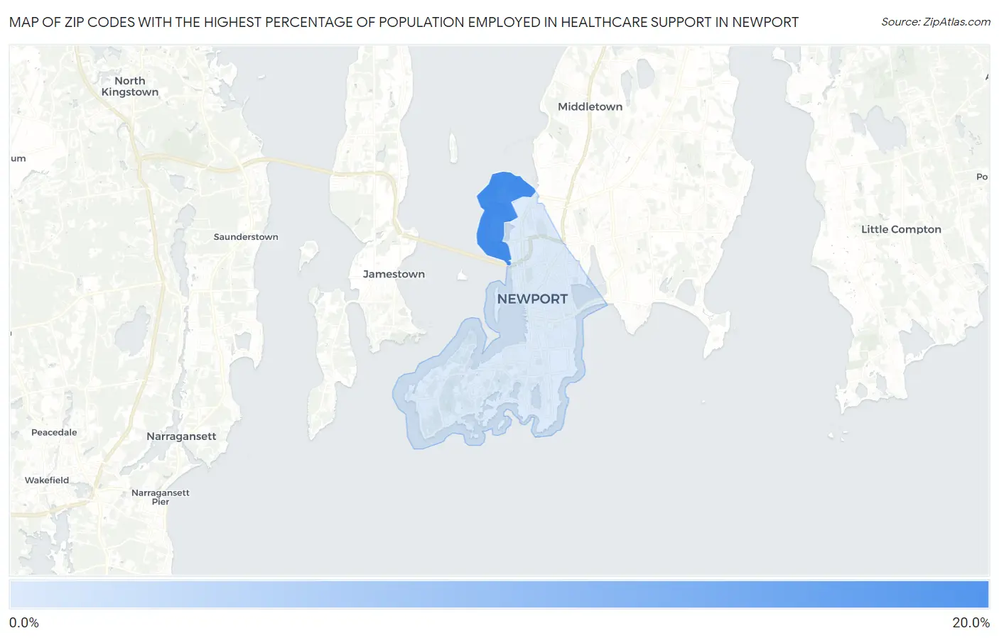 Zip Codes with the Highest Percentage of Population Employed in Healthcare Support in Newport Map