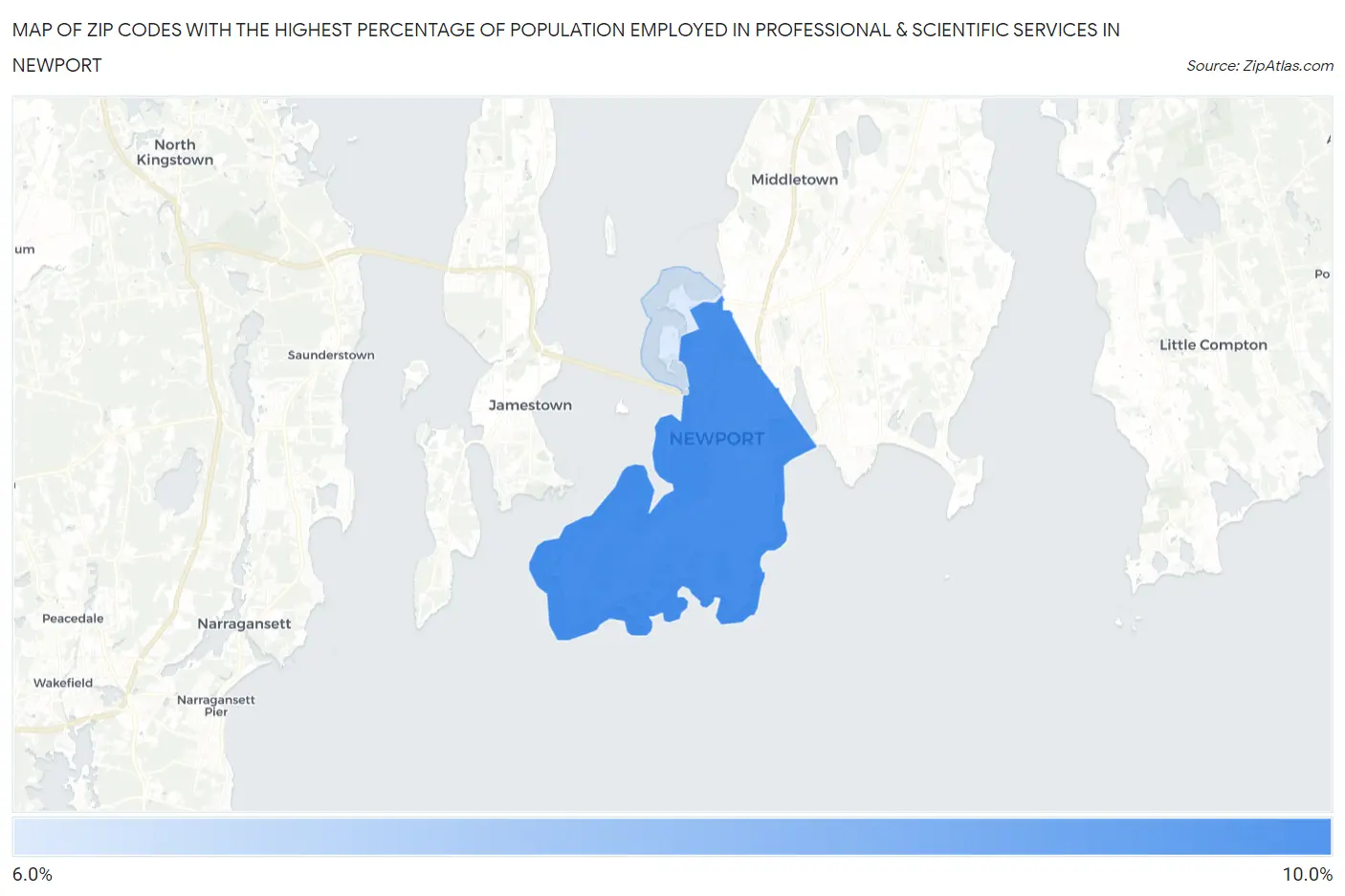 Zip Codes with the Highest Percentage of Population Employed in Professional & Scientific Services in Newport Map
