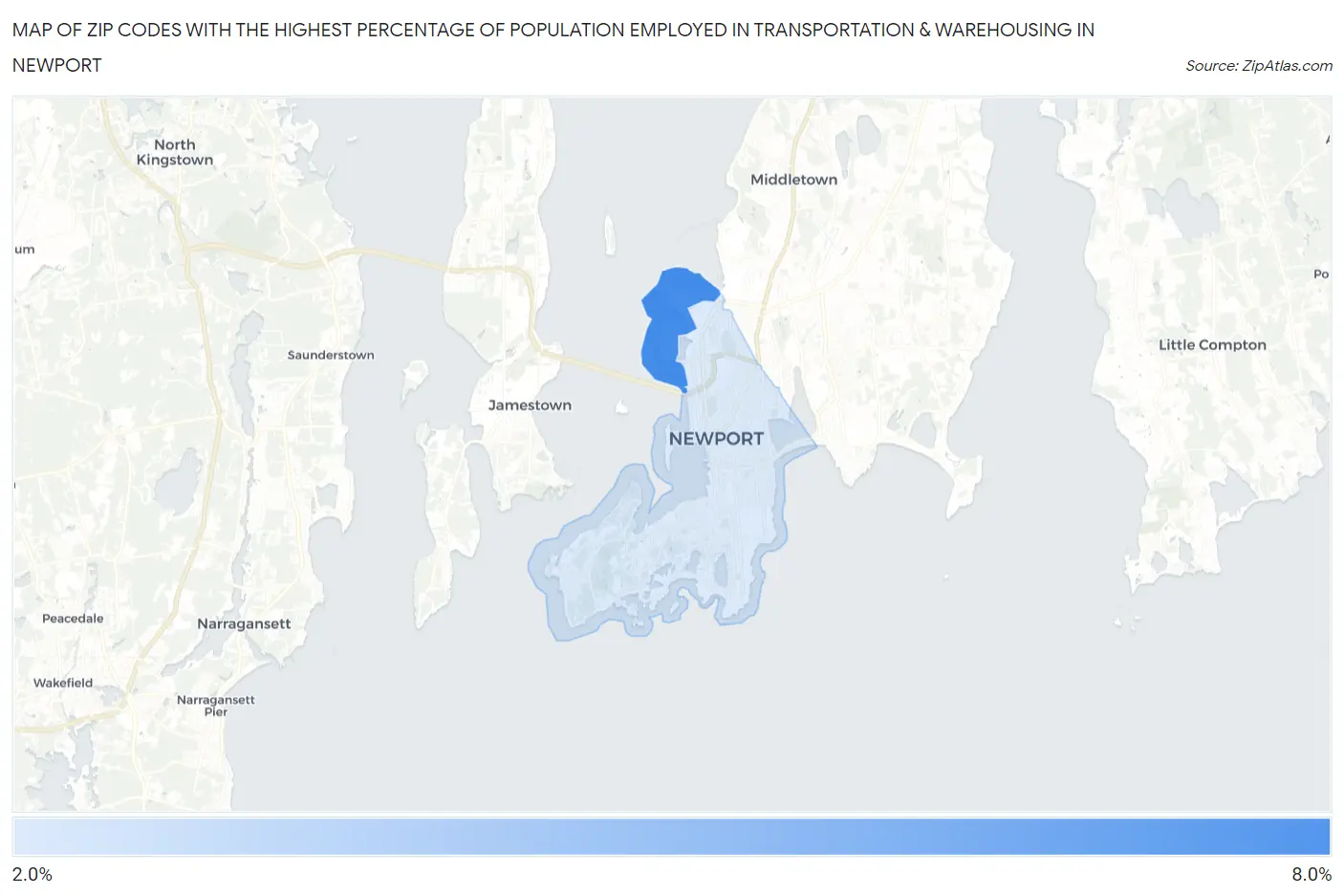 Zip Codes with the Highest Percentage of Population Employed in Transportation & Warehousing in Newport Map