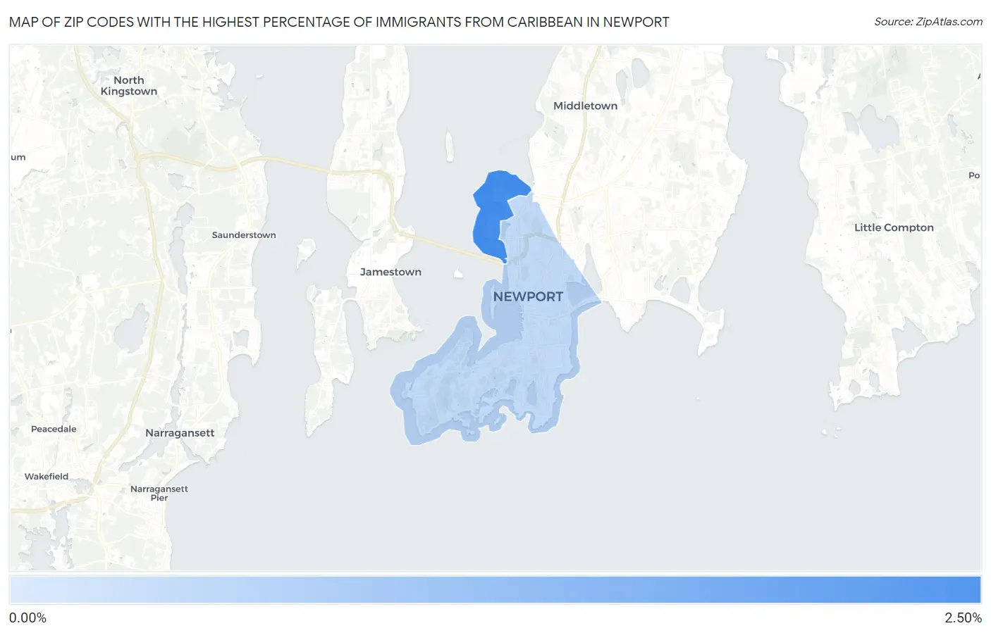 Zip Codes with the Highest Percentage of Immigrants from Caribbean in Newport Map