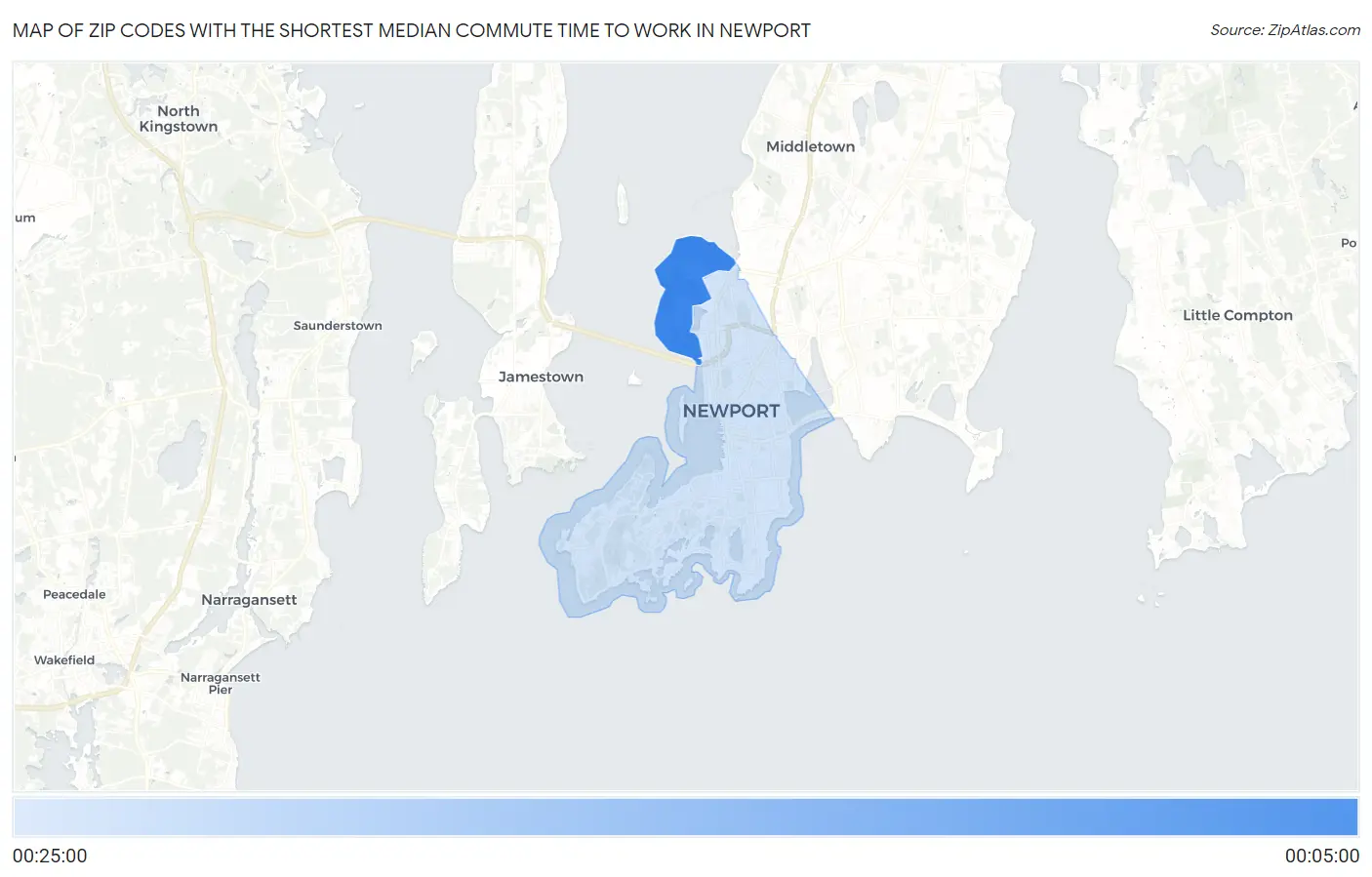 Zip Codes with the Shortest Median Commute Time to Work in Newport Map
