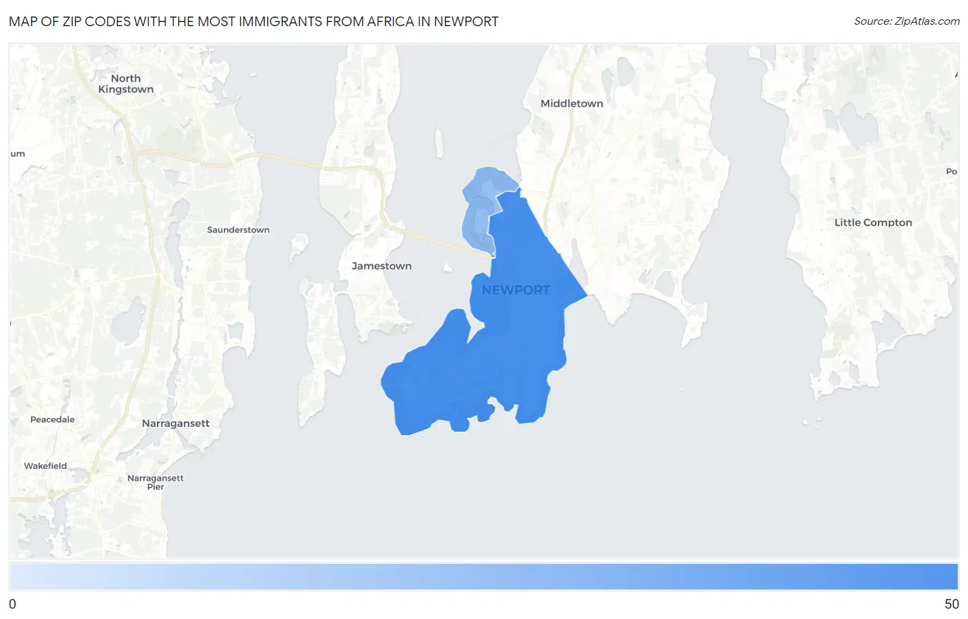Zip Codes with the Most Immigrants from Africa in Newport Map