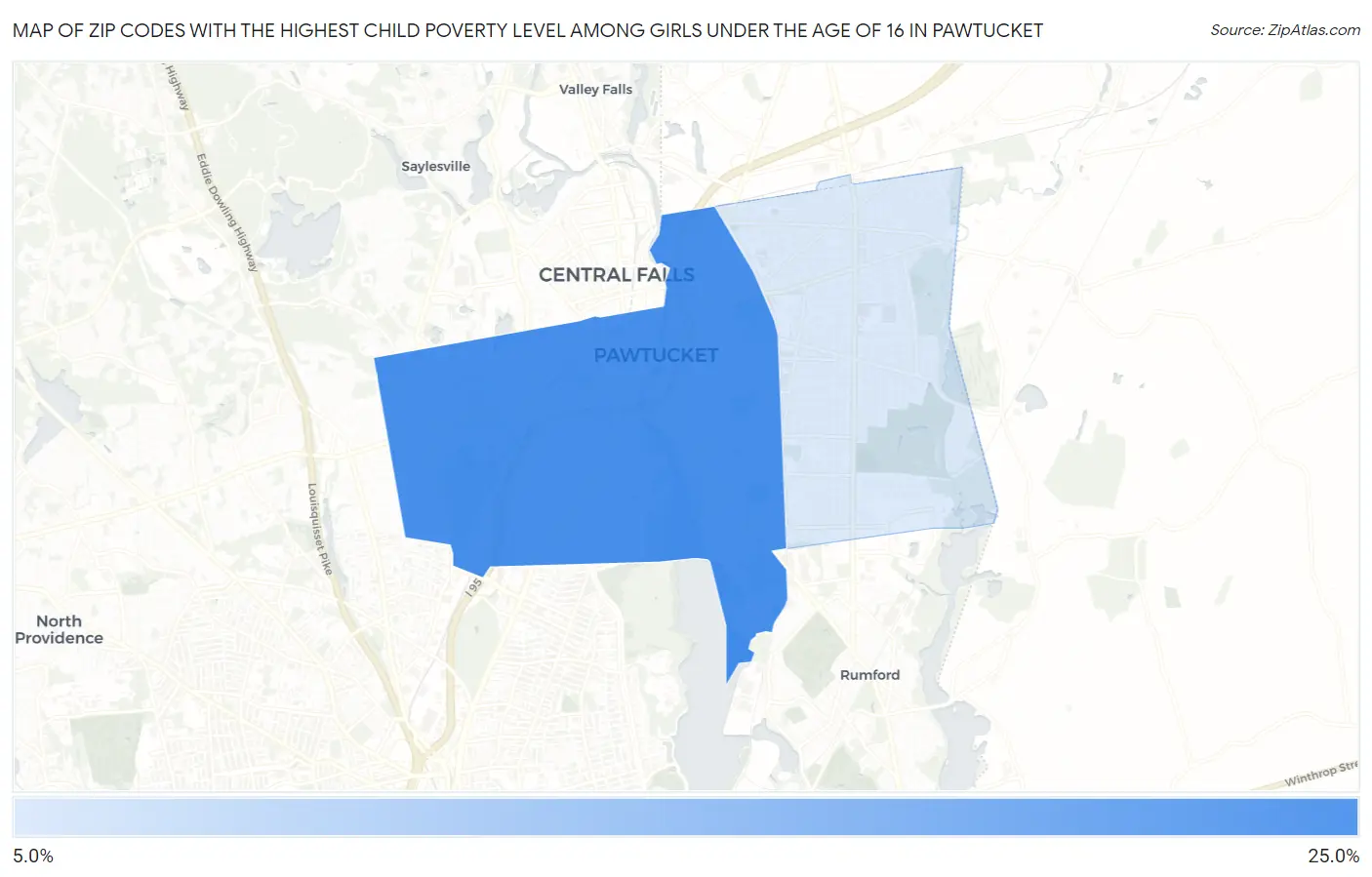Zip Codes with the Highest Child Poverty Level Among Girls Under the Age of 16 in Pawtucket Map