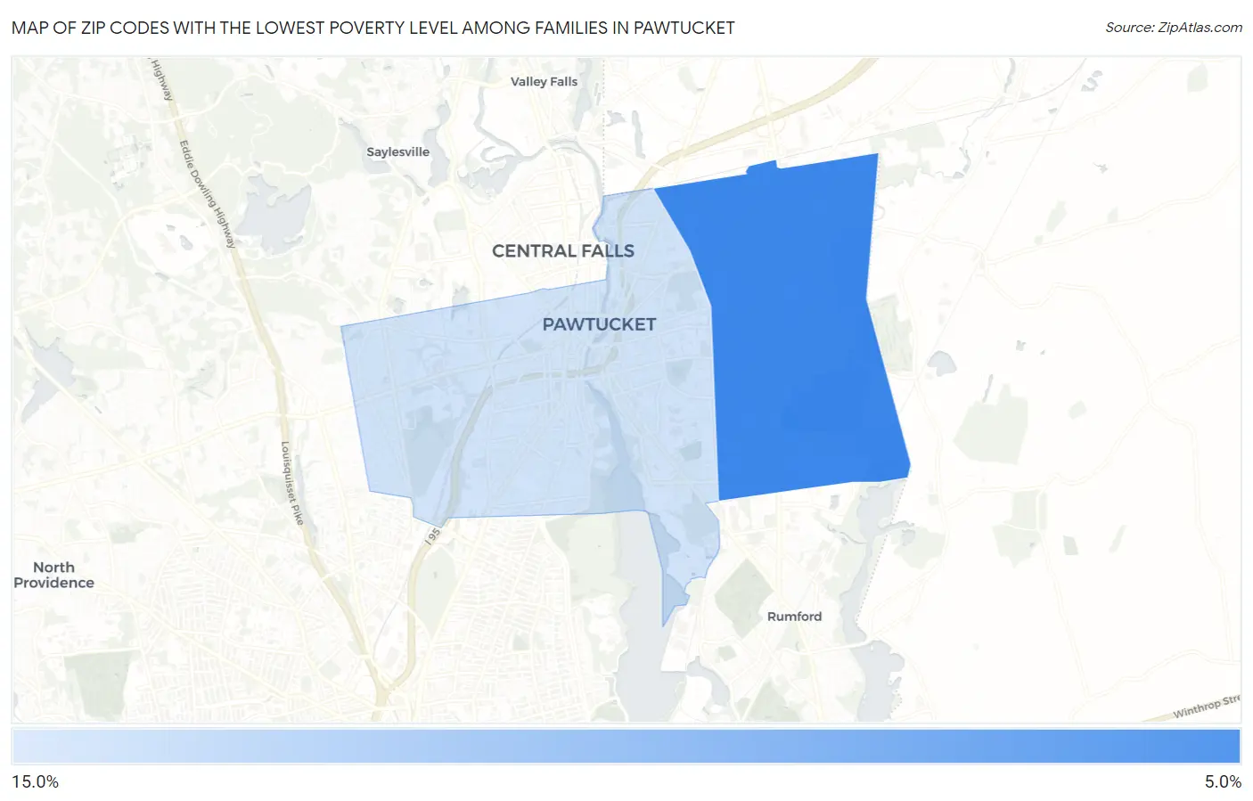 Zip Codes with the Lowest Poverty Level Among Families in Pawtucket Map