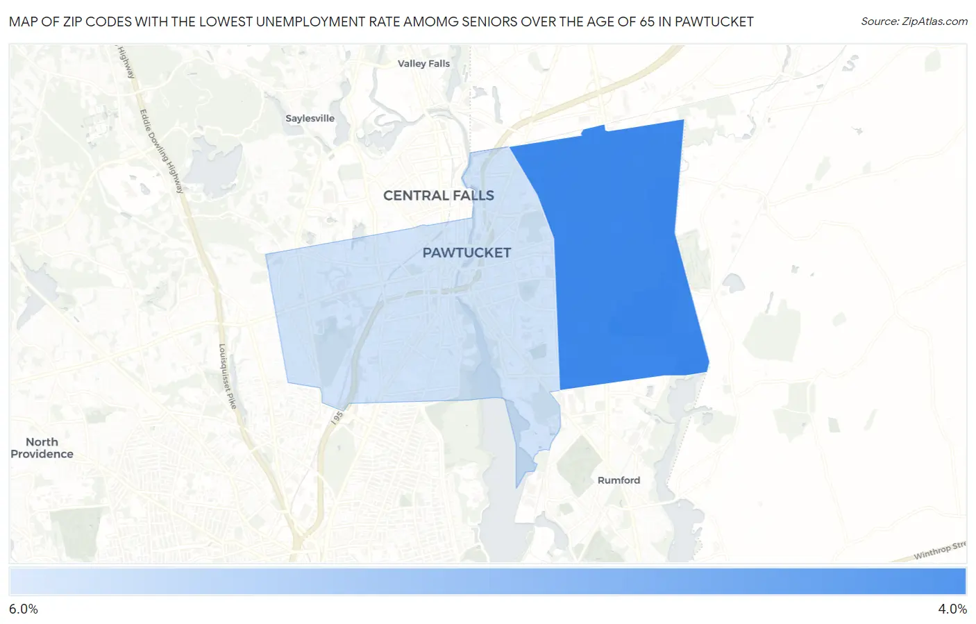 Zip Codes with the Lowest Unemployment Rate Amomg Seniors Over the Age of 65 in Pawtucket Map