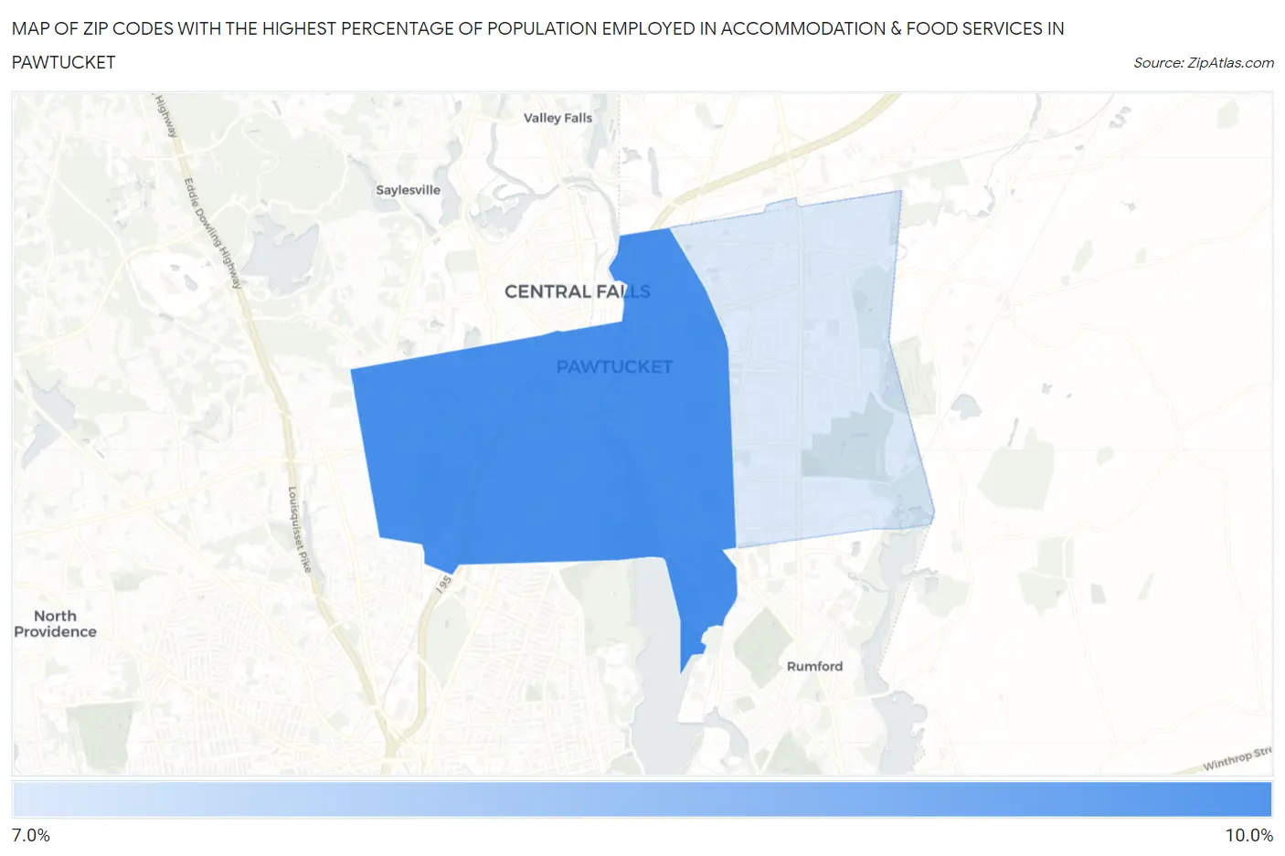Zip Codes with the Highest Percentage of Population Employed in Accommodation & Food Services in Pawtucket Map