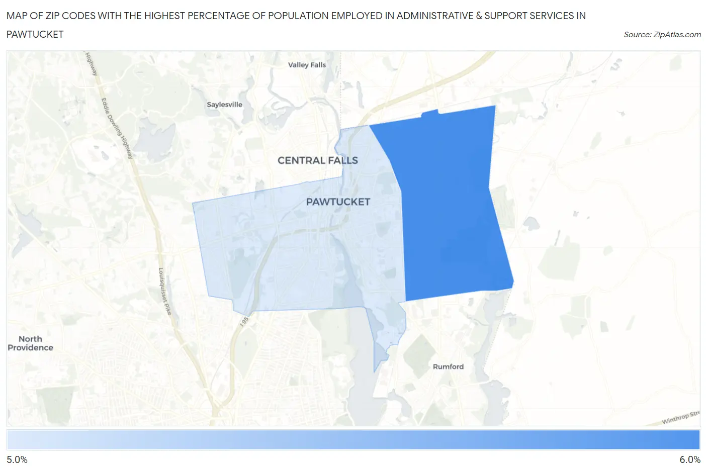 Zip Codes with the Highest Percentage of Population Employed in Administrative & Support Services in Pawtucket Map