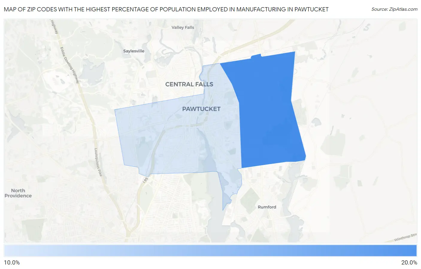Zip Codes with the Highest Percentage of Population Employed in Manufacturing in Pawtucket Map