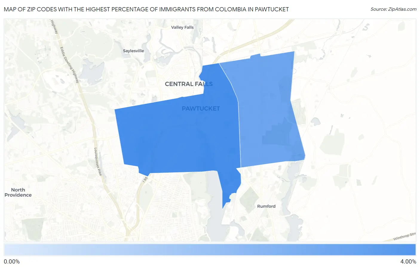 Zip Codes with the Highest Percentage of Immigrants from Colombia in Pawtucket Map