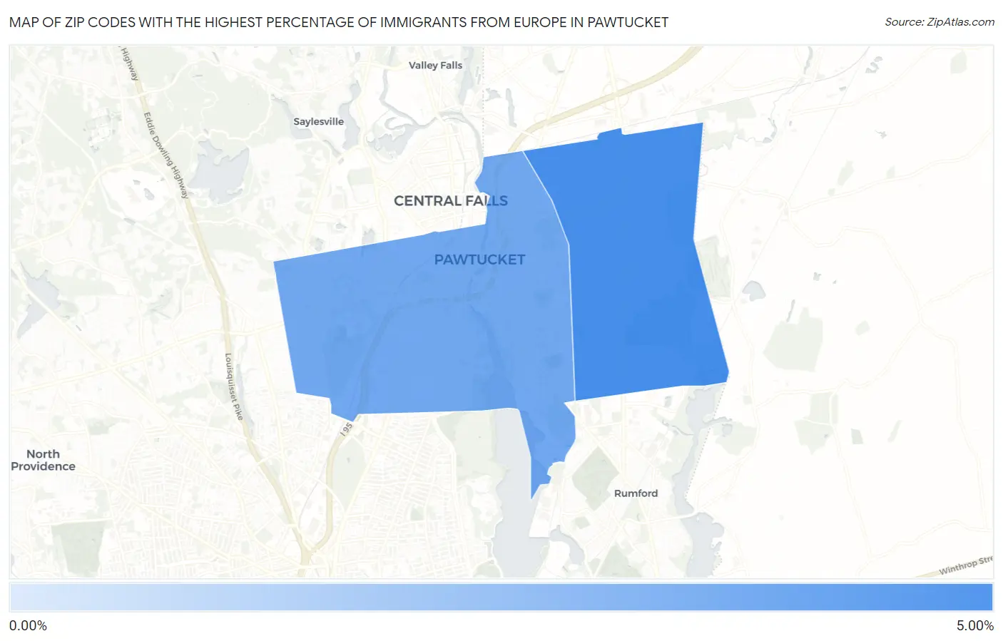 Zip Codes with the Highest Percentage of Immigrants from Europe in Pawtucket Map