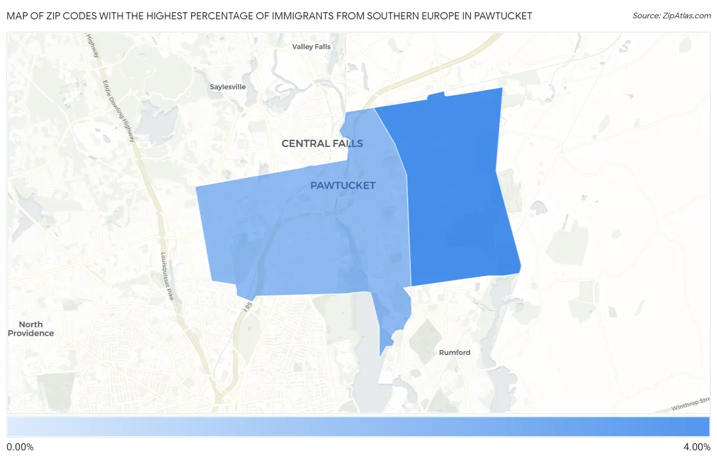 Zip Codes with the Highest Percentage of Immigrants from Southern Europe in Pawtucket Map