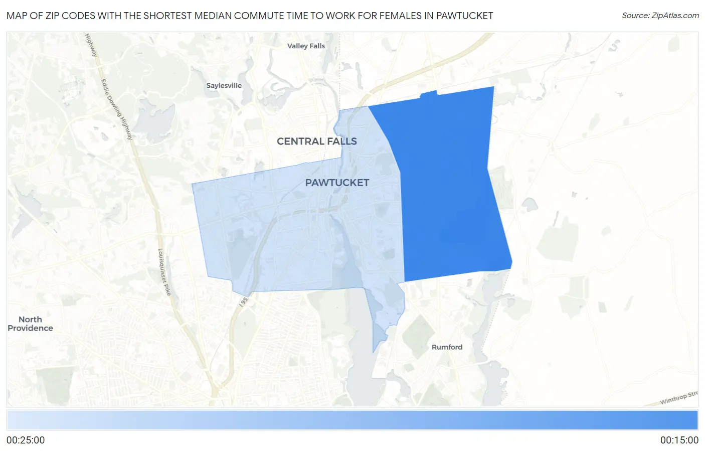 Zip Codes with the Shortest Median Commute Time to Work for Females in Pawtucket Map