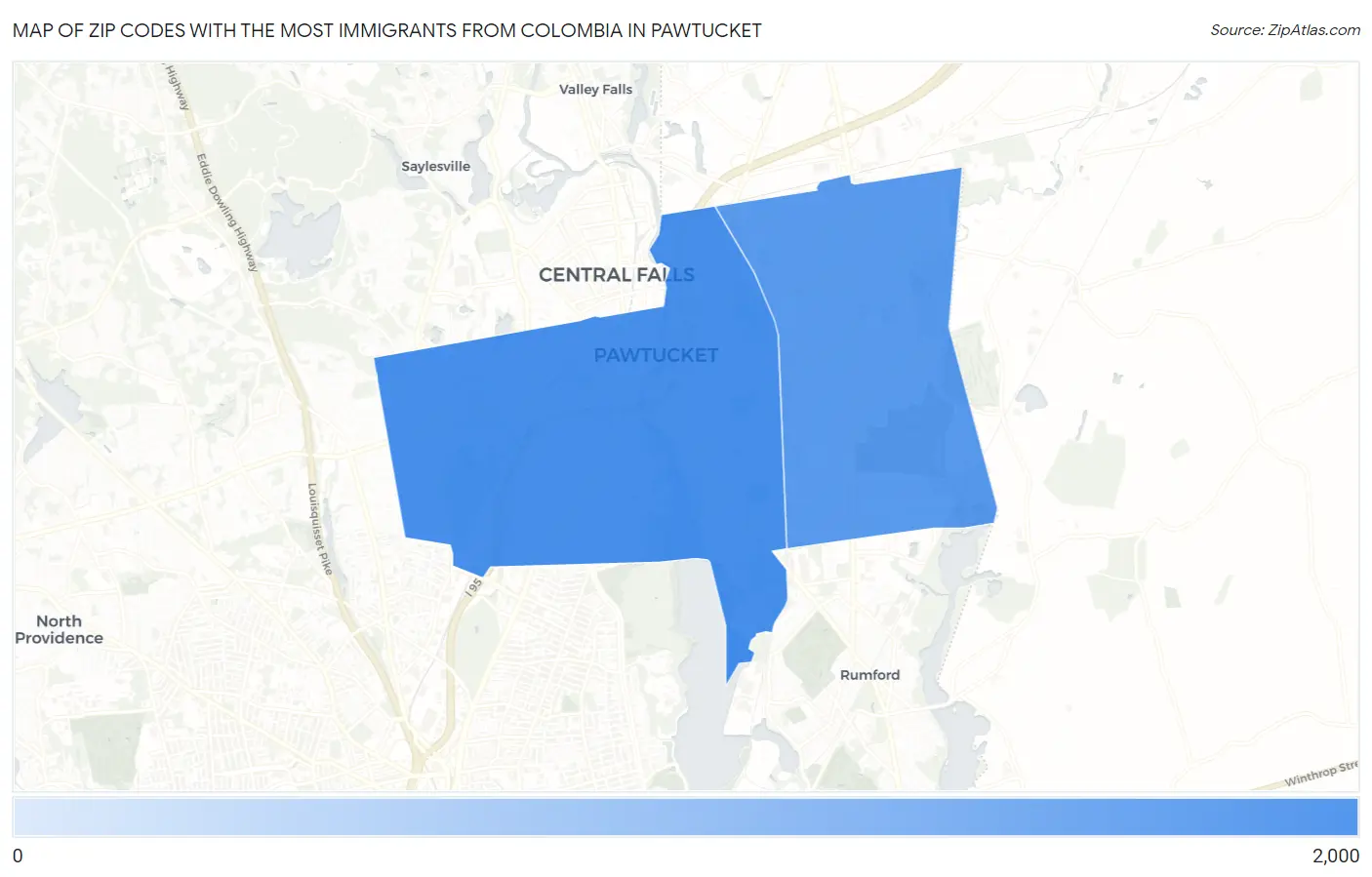 Zip Codes with the Most Immigrants from Colombia in Pawtucket Map