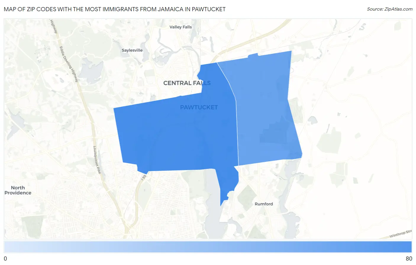 Zip Codes with the Most Immigrants from Jamaica in Pawtucket Map