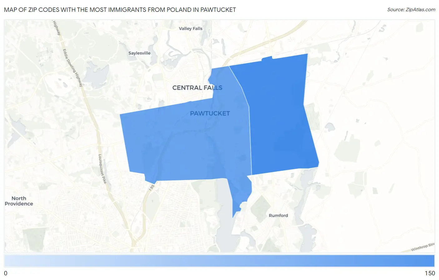 Zip Codes with the Most Immigrants from Poland in Pawtucket Map