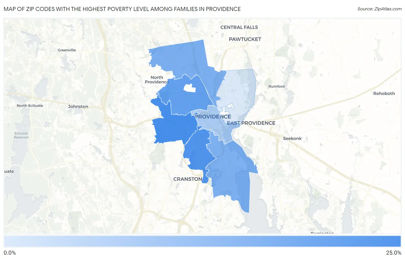 Zip Codes with the Highest Poverty Level Among Families in Providence Map