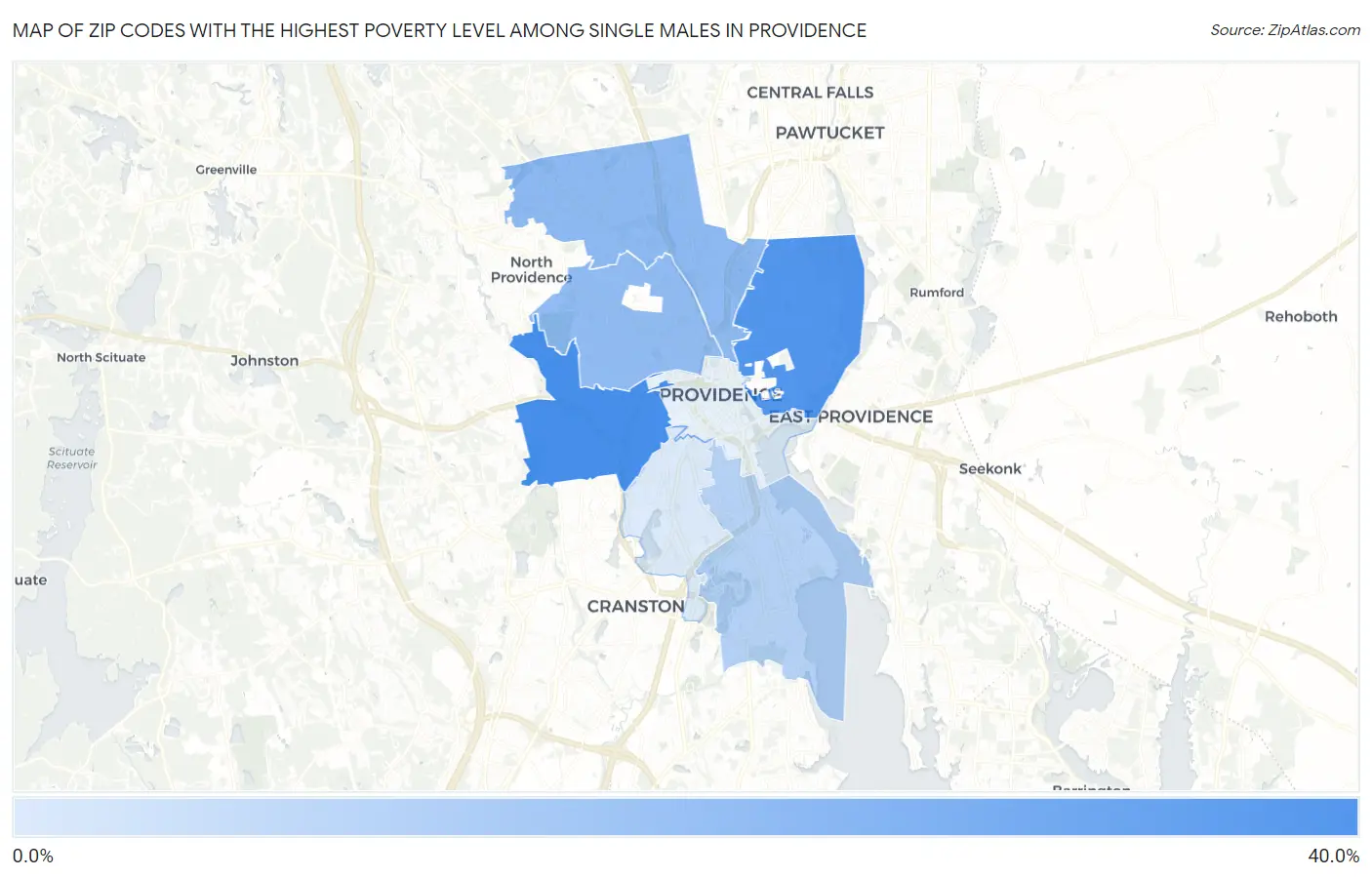 Zip Codes with the Highest Poverty Level Among Single Males in Providence Map