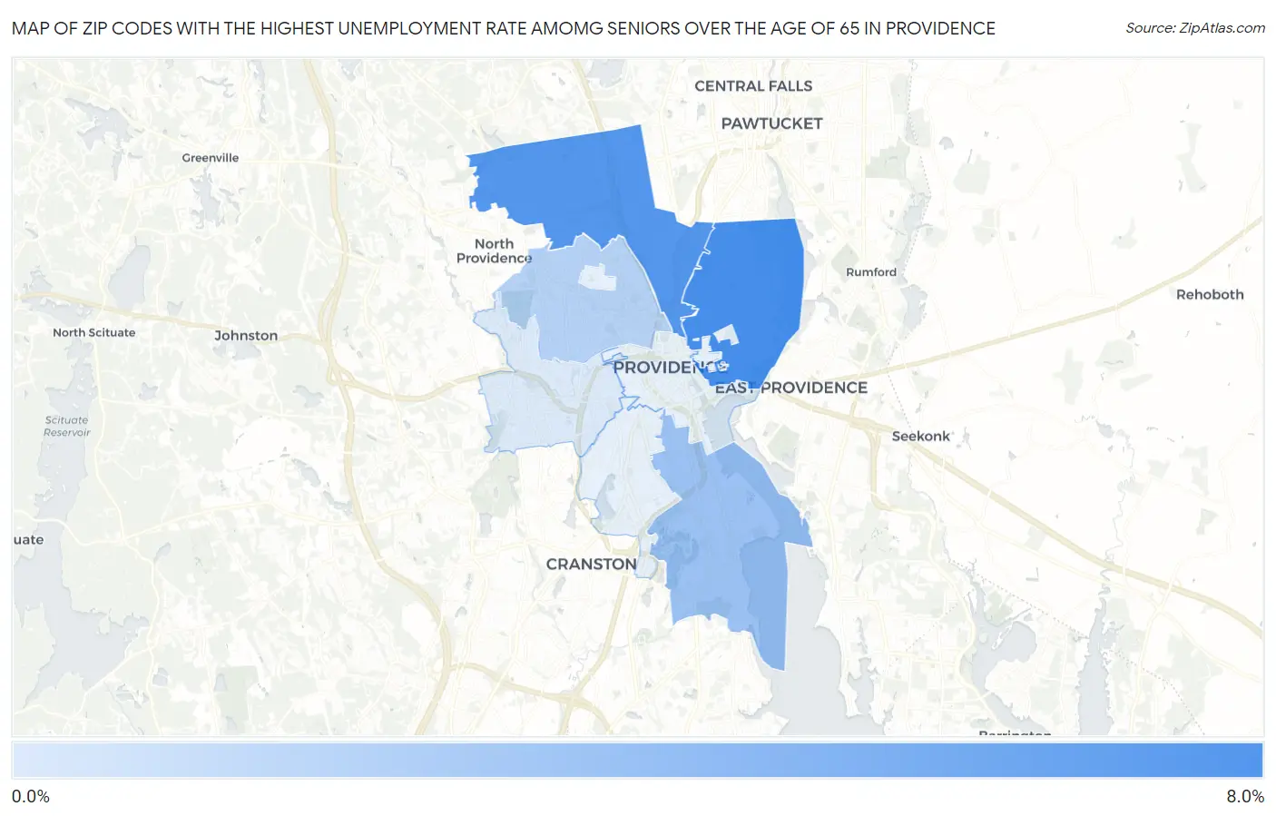 Zip Codes with the Highest Unemployment Rate Amomg Seniors Over the Age of 65 in Providence Map
