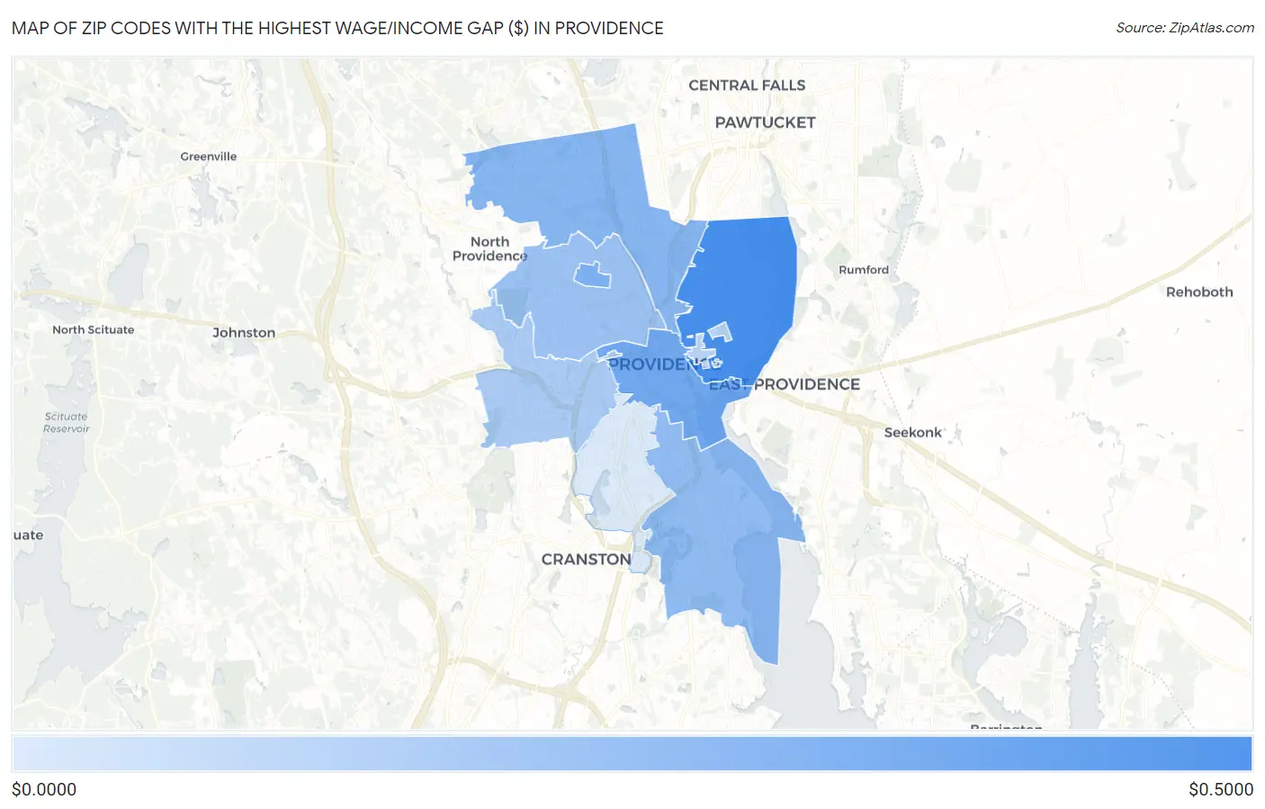 Zip Codes with the Highest Wage/Income Gap ($) in Providence Map