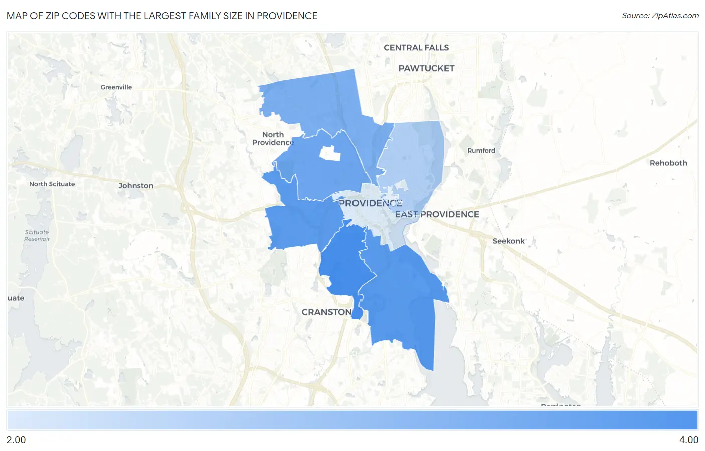 Zip Codes with the Largest Family Size in Providence Map