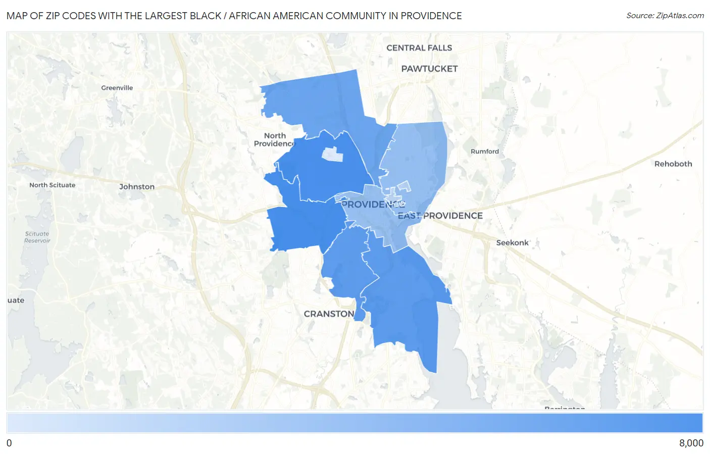 Zip Codes with the Largest Black / African American Community in Providence Map