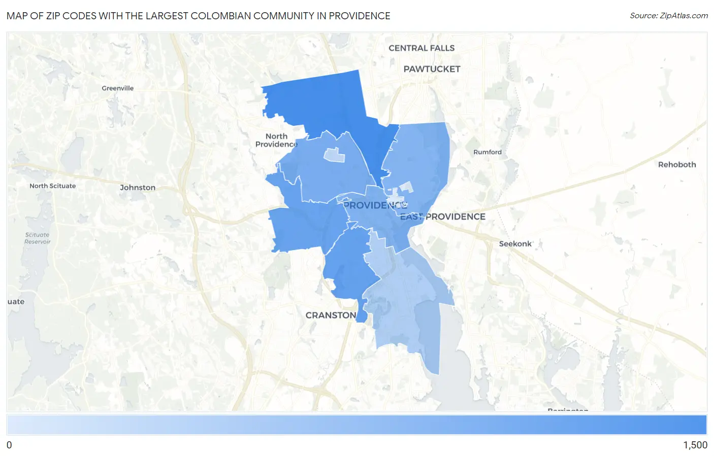 Zip Codes with the Largest Colombian Community in Providence Map