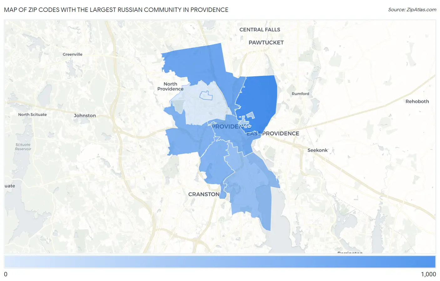 Zip Codes with the Largest Russian Community in Providence Map