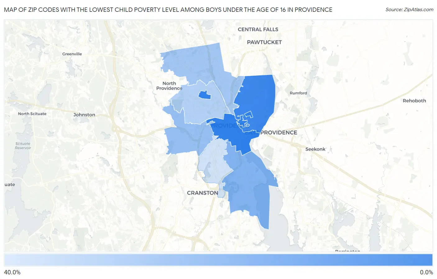Zip Codes with the Lowest Child Poverty Level Among Boys Under the Age of 16 in Providence Map