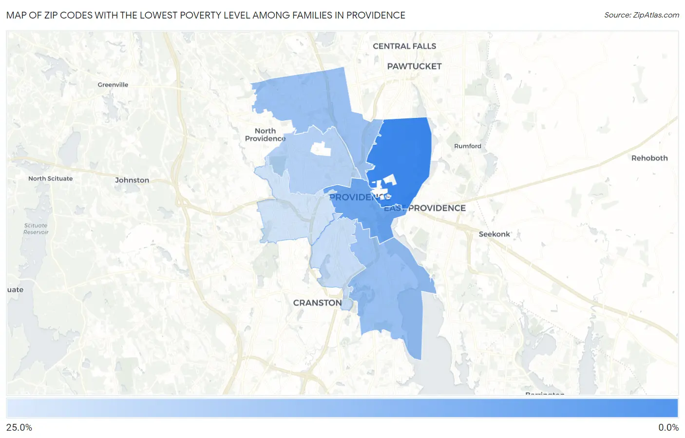 Zip Codes with the Lowest Poverty Level Among Families in Providence Map