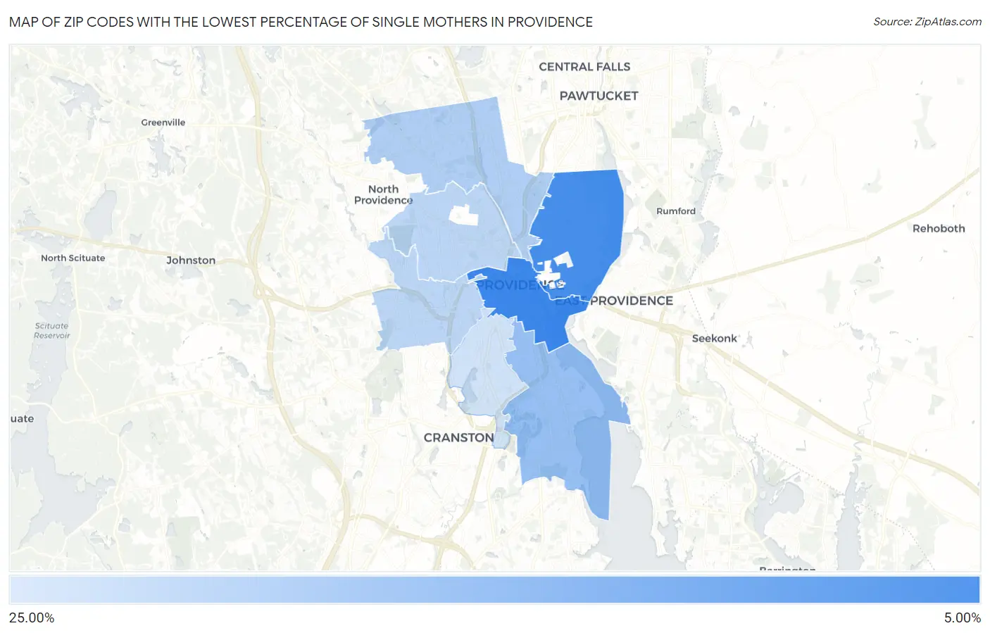 Zip Codes with the Lowest Percentage of Single Mothers in Providence Map
