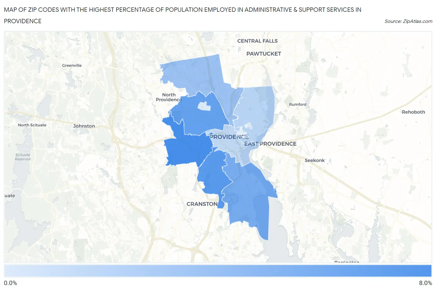 Zip Codes with the Highest Percentage of Population Employed in Administrative & Support Services in Providence Map