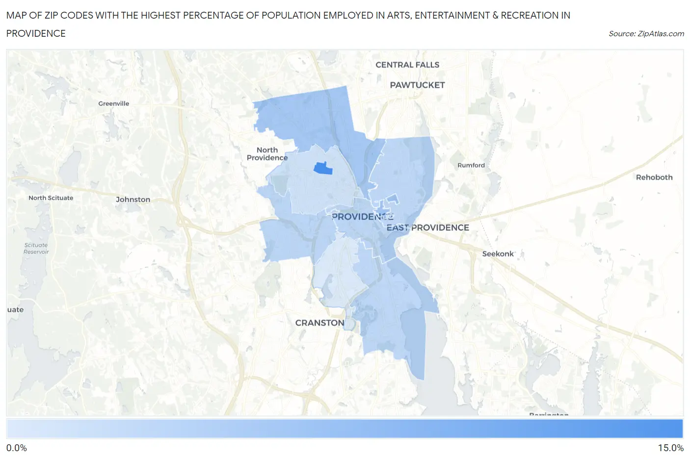 Zip Codes with the Highest Percentage of Population Employed in Arts, Entertainment & Recreation in Providence Map