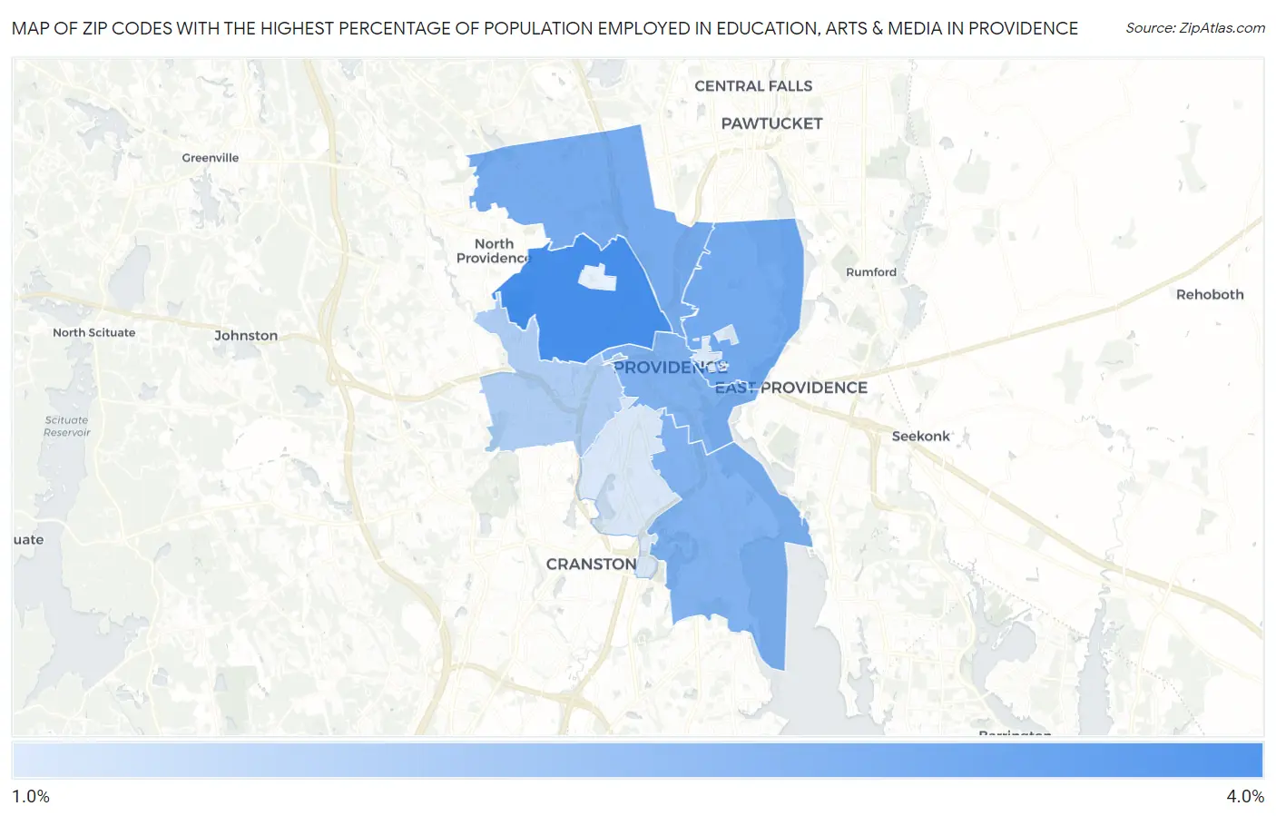 Zip Codes with the Highest Percentage of Population Employed in Education, Arts & Media in Providence Map