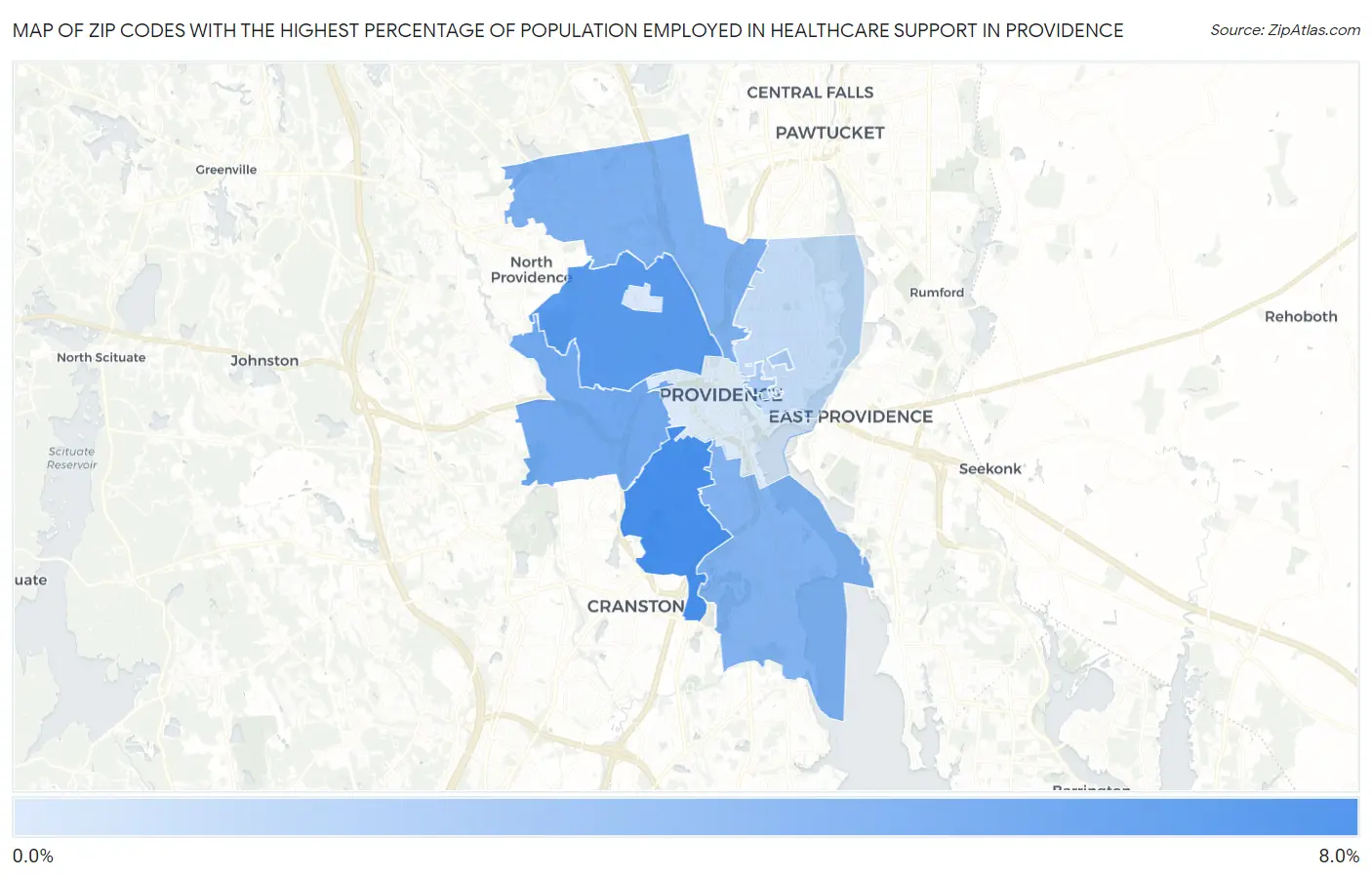 Zip Codes with the Highest Percentage of Population Employed in Healthcare Support in Providence Map