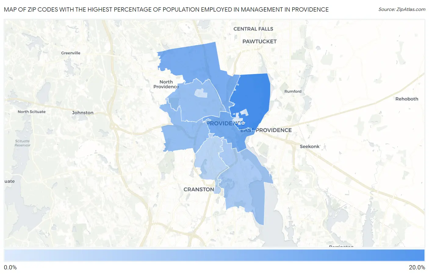 Zip Codes with the Highest Percentage of Population Employed in Management in Providence Map