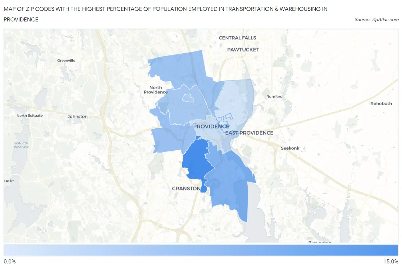 Zip Codes with the Highest Percentage of Population Employed in Transportation & Warehousing in Providence Map