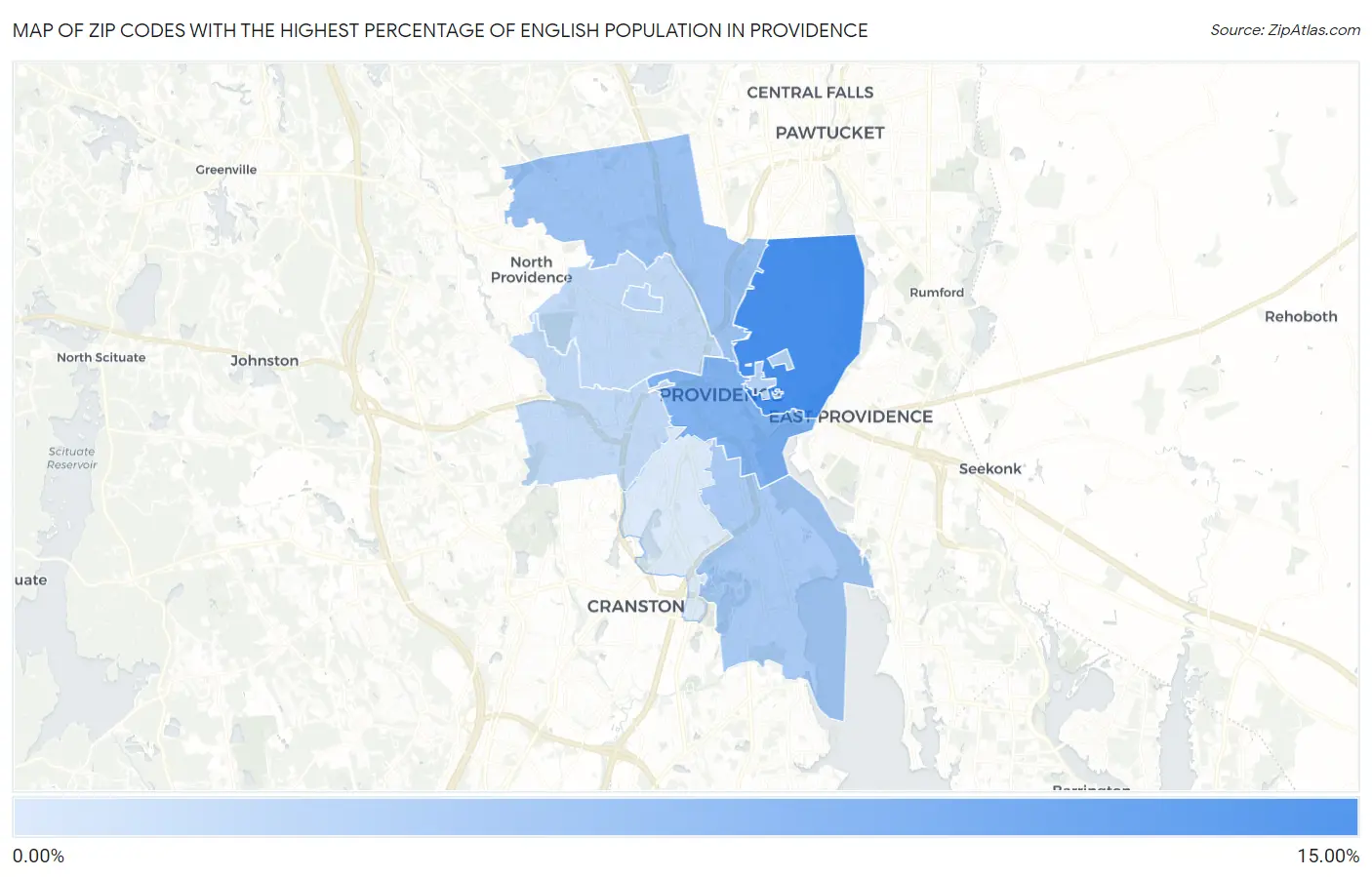 Zip Codes with the Highest Percentage of English Population in Providence Map