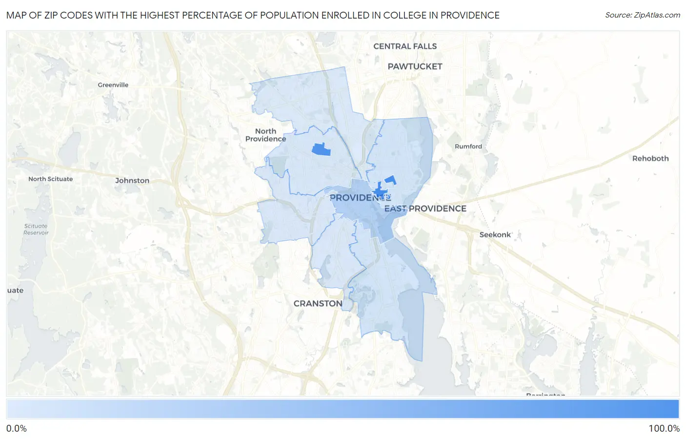 Zip Codes with the Highest Percentage of Population Enrolled in College in Providence Map