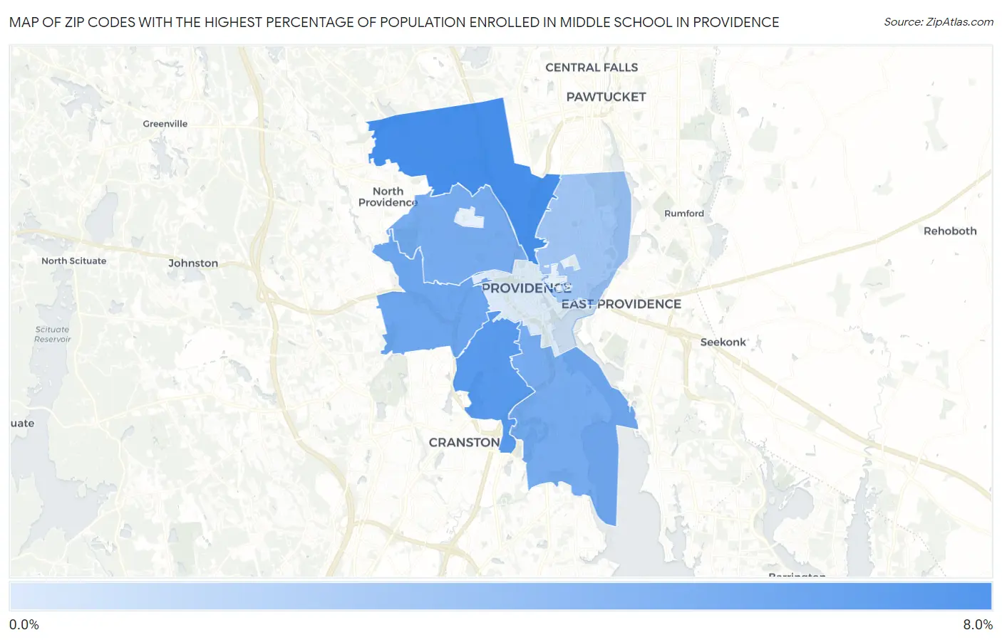 Zip Codes with the Highest Percentage of Population Enrolled in Middle School in Providence Map