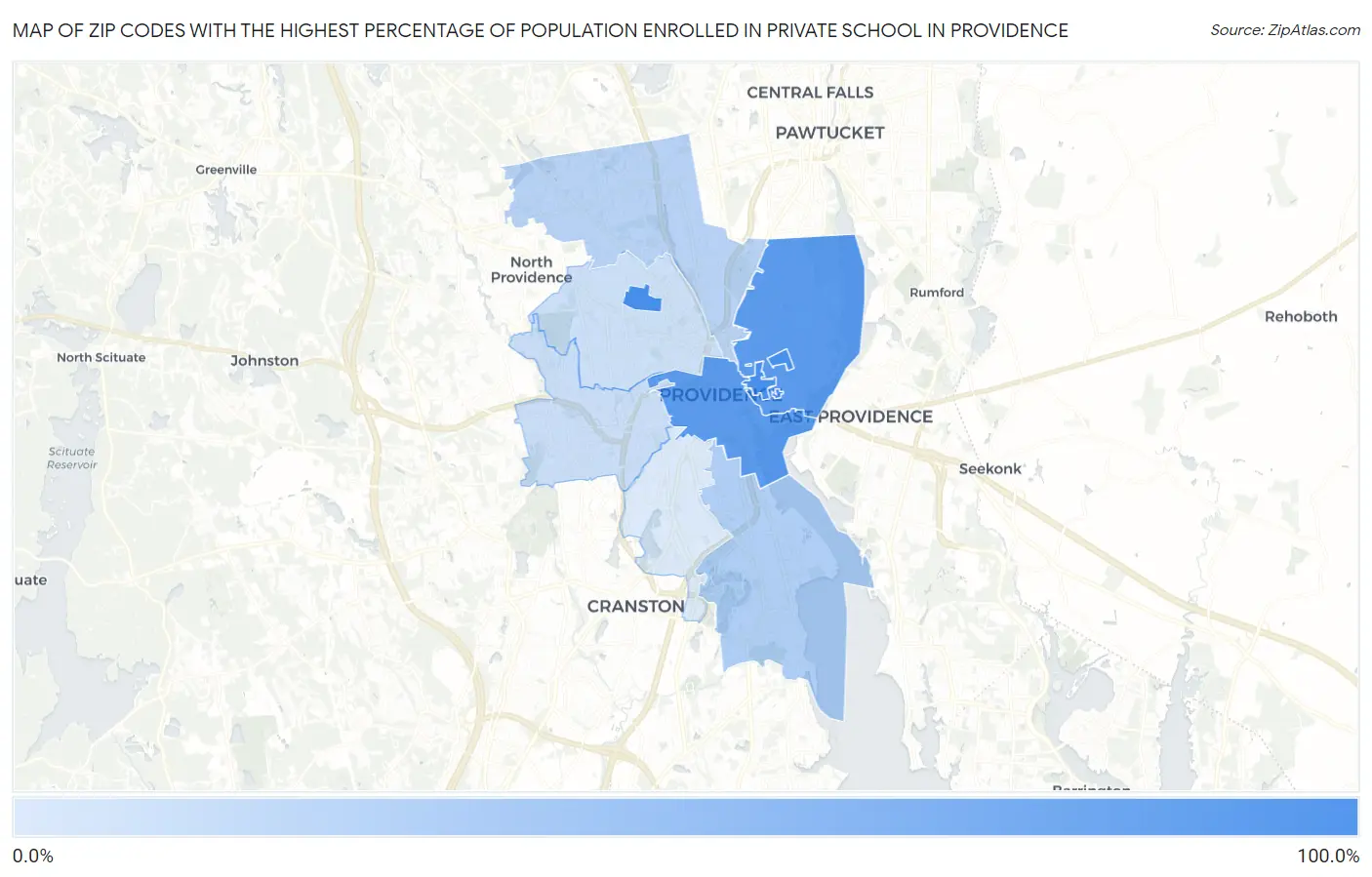 Zip Codes with the Highest Percentage of Population Enrolled in Private School in Providence Map